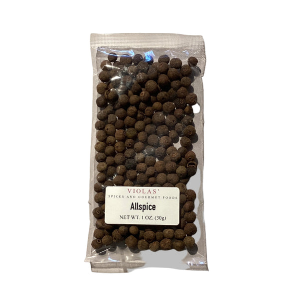 Packaged allspice berries with a visible brand label on a white background