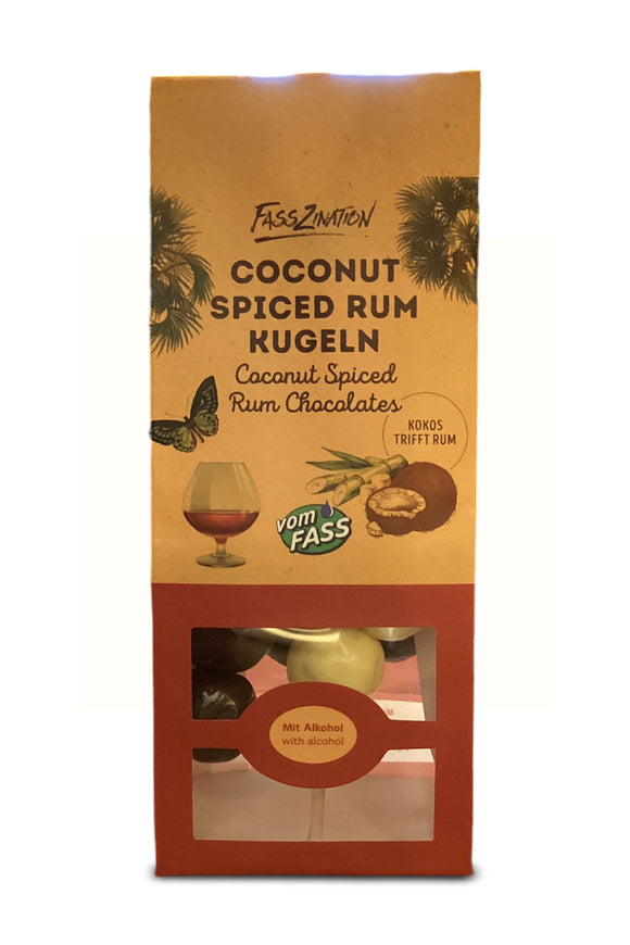 Packaging of Coconut Spiced Rum chocolates on a white background