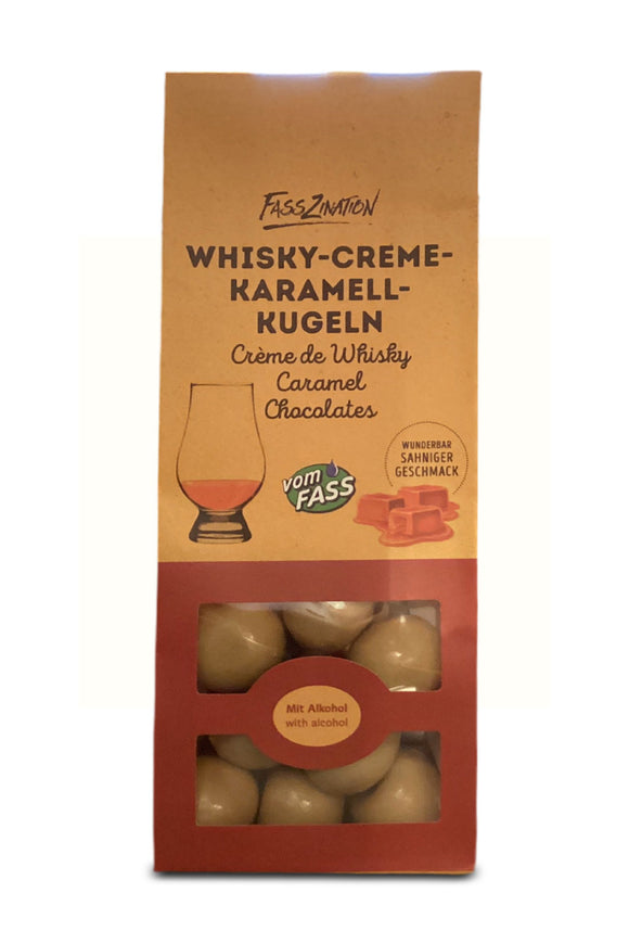 Package of Creme de Whisky Caramel Chocolates on a white background.